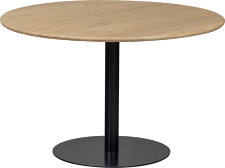 Rundt spisebord WOOOD Tablo Ø120 cm, natur egetræ FSC Mix, sort rund bordfod, transparent lak
