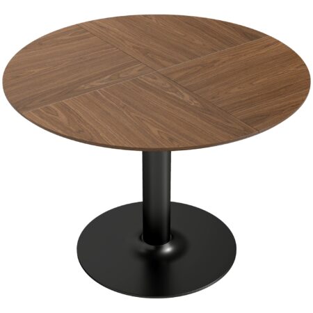 Rundt spisebord til 6 personer, 110 cm. Moderne køkkenbord med piedestal til stuen, brun træstruktur.