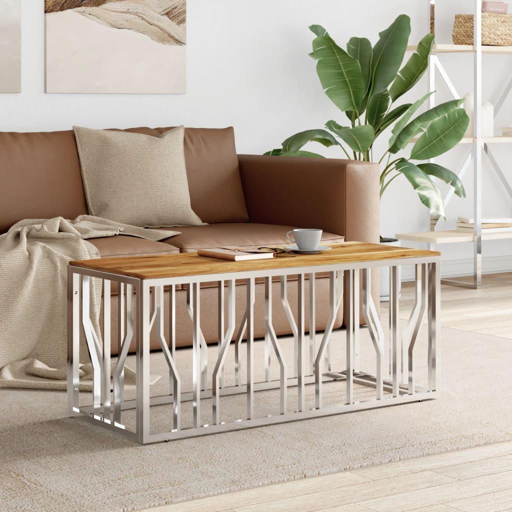 Sofabord i rustfrit stål med bordplade i massivt akacietræ - sølvfarvet, 110 × 45 × 45 cm Sofabord i rustfrit stål med bordplade i massivt akacietræ - sølvfarvet, 110 × 45 × 45 cm