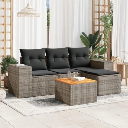 Sofasæt i polyrattan - 5 dele med hynder og bord, grå