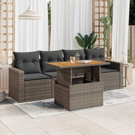 Sofasæt i polyrattan - 5 dele med hynder og løftbart bord, grå