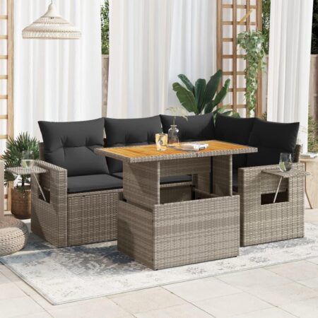 Sofasæt i polyrattan - 5 dele med hynder og løftbart bord, grå