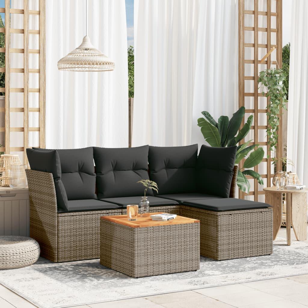 Sofasæt i polyrattan med hynder og bord - 5 dele, grå Sofasæt i polyrattan med hynder og bord - 5 dele, grå