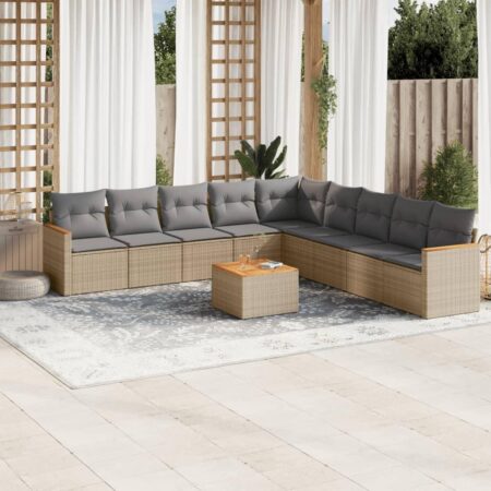 Sofasæt til haven - 10 dele i beige polyrattan med hynder og bord