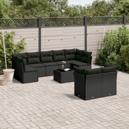 Sofasæt til haven - 10 dele i sort polyrattan med hynder og bord