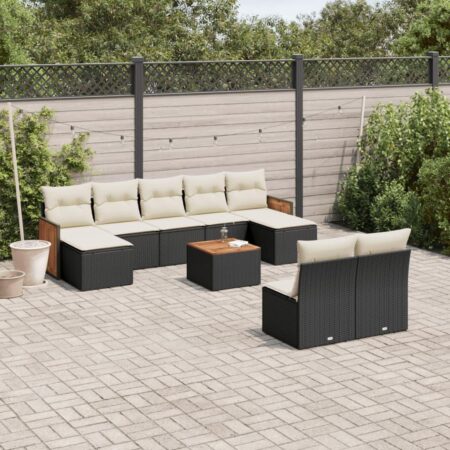 Sofasæt til haven - 10 dele i sort polyrattan med hynder og bord i akacietræ