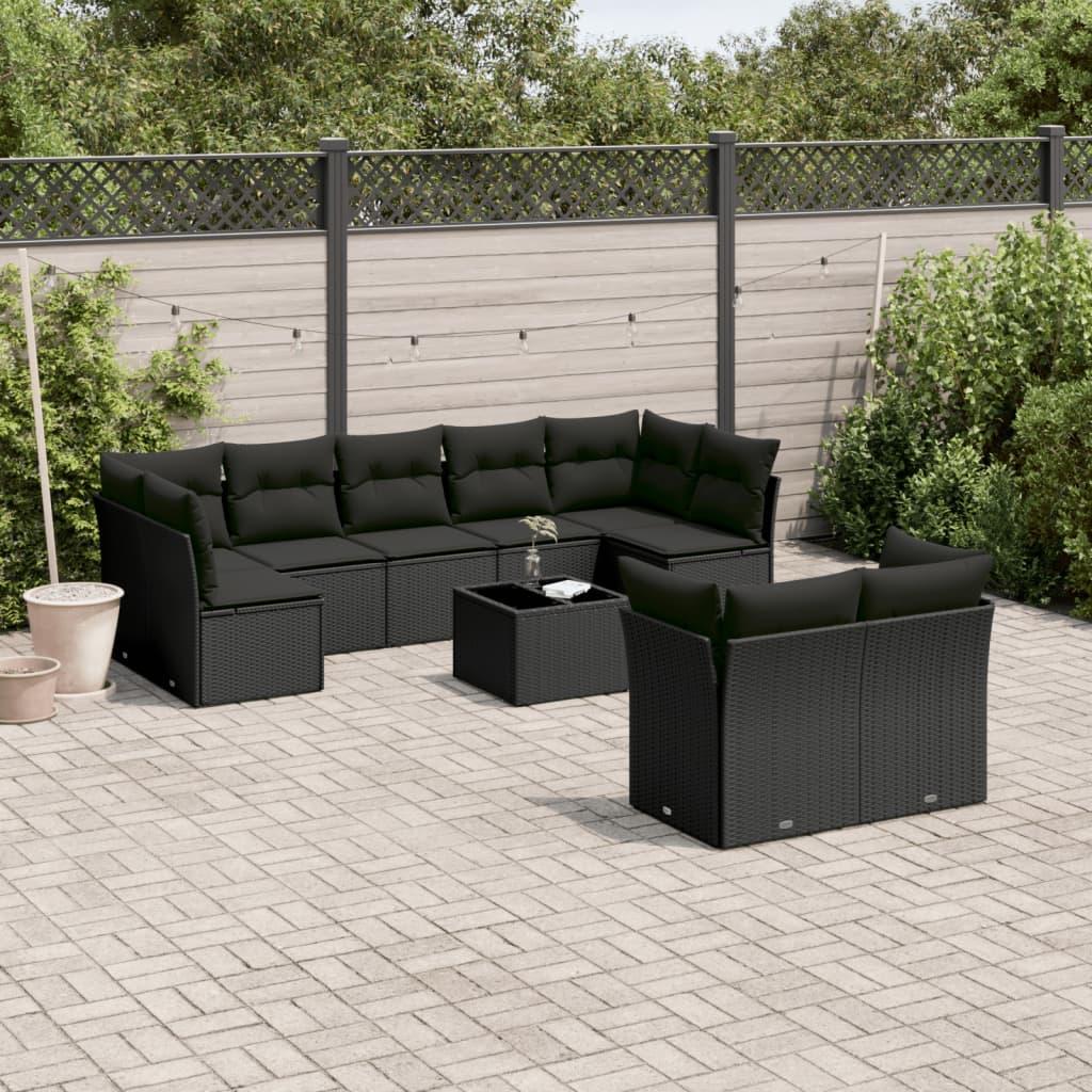 Sofasæt til haven - 10 dele i sort polyrattan med hynder og bord Sofasæt til haven - 10 dele i sort polyrattan med hynder og bord