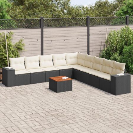 Sofasæt til haven - 10 dele med hynder og bord i polyrattan, sort