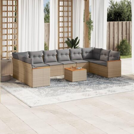 Sofasæt til haven - 11 dele i beige polyrattan med hynder og bord