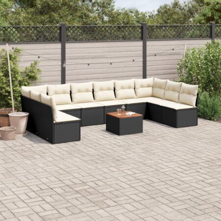 Sofasæt til haven - 11 dele i sort polyrattan med hynder og bord