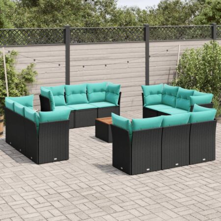Sofasæt til haven 13 dele i sort polyrattan med blå hynder og bord i akacietræ