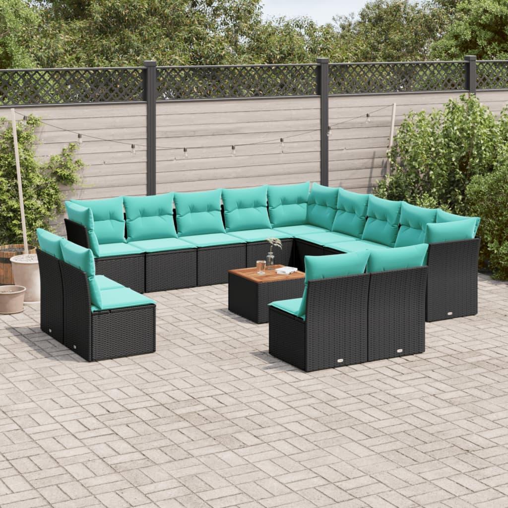 Sofasæt til haven - 14 dele i sort polyrattan med blå hynder og bord Sofasæt til haven - 14 dele i sort polyrattan med blå hynder og bord
