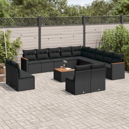 Sofasæt til haven - 14 dele i sort polyrattan med hynder og bord