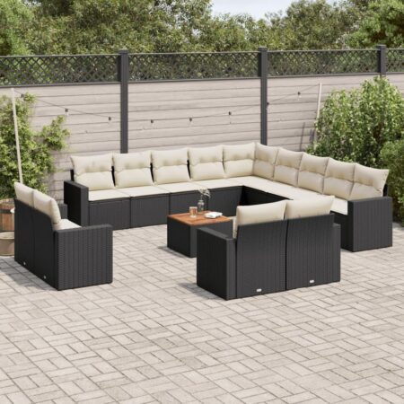 Sofasæt til haven - 14 dele i sort polyrattan med hynder og bord i akacietræ
