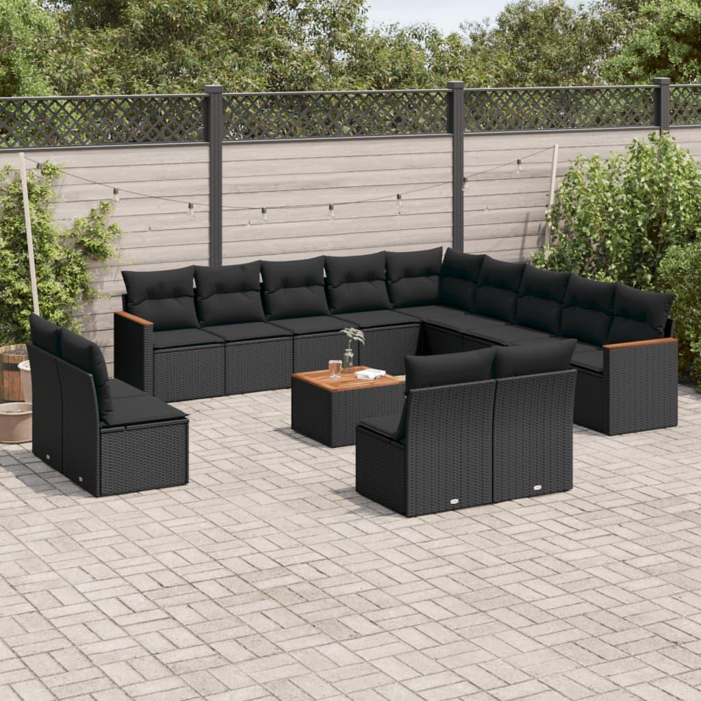Sofasæt til haven - 14 dele i sort polyrattan med hynder og bord Sofasæt til haven - 14 dele i sort polyrattan med hynder og bord