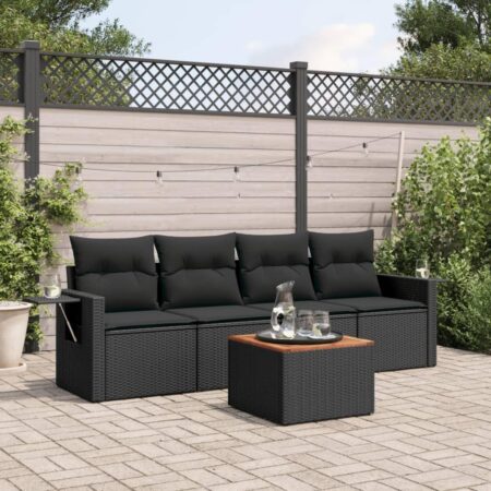 Sofasæt til haven - 5 dele i sort polyrattan med hynder og bord