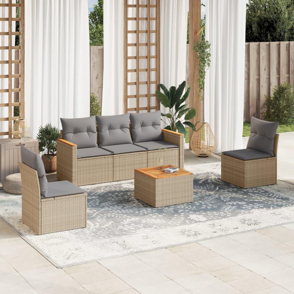 Sofasæt til haven - 6 dele i beige polyrattan med hynder og bord Sofasæt til haven - 6 dele i beige polyrattan med hynder og bord