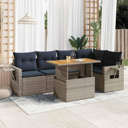 Sofasæt til haven - 6 dele i grå polyrattan med hynder og løftbart bord