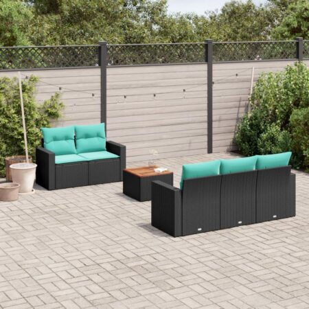 Sofasæt til haven - 6 dele i sort polyrattan med blå hynder og bord i akacietræ