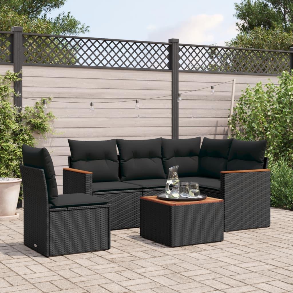 Sofasæt til haven - 6 dele i sort polyrattan med hynder og bord i akacietræ Sofasæt til haven - 6 dele i sort polyrattan med hynder og bord i akacietræ