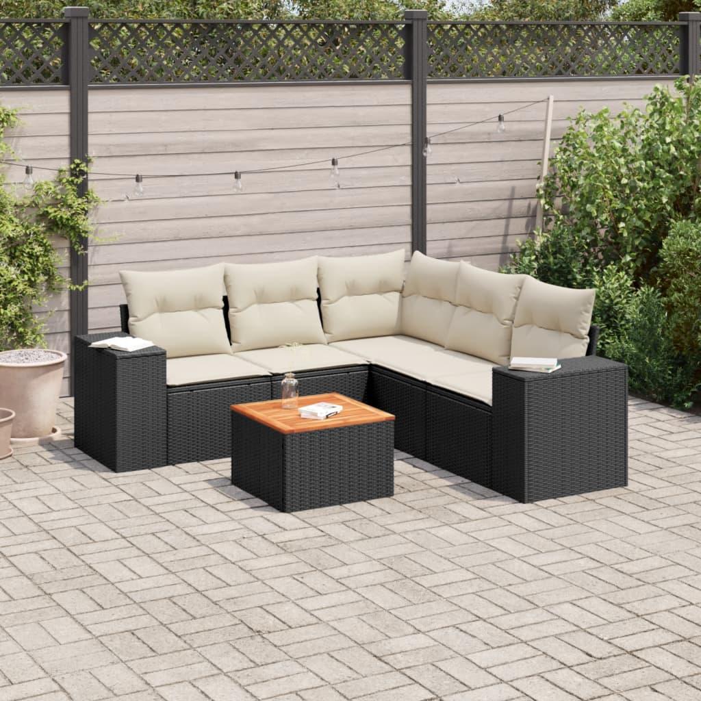Sofasæt til haven - 6 dele i sort polyrattan med hynder og bord Sofasæt til haven - 6 dele i sort polyrattan med hynder og bord