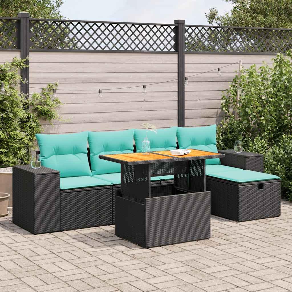 Sofasæt til haven - 6 dele med hynder i polyrattan og bord i akacietræ, brun Sofasæt til haven - 6 dele med hynder i polyrattan og bord i akacietræ, brun
