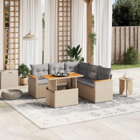 Sofasæt til haven 6 dele med hynder og hæve-sænke-bord i polyrattan - beige