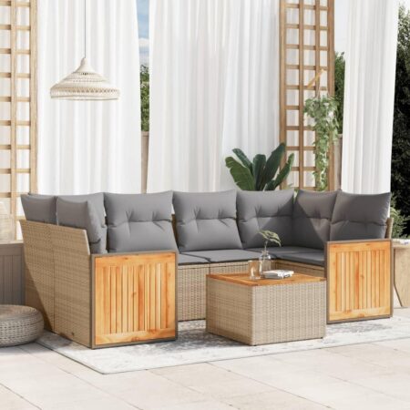 Sofasæt til haven - 7 dele i beige polyrattan med hynder og bord i akacietræ