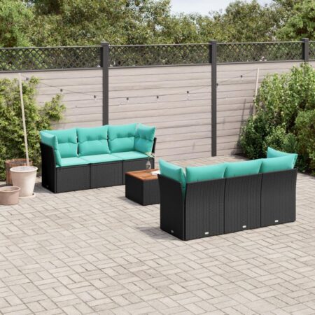 Sofasæt til haven - 7 dele i sort polyrattan med blå hynder og bord