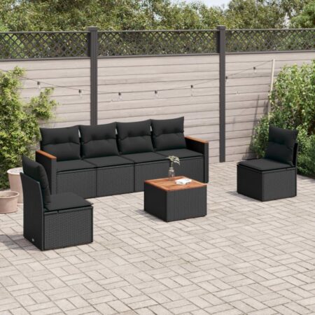Sofasæt til haven - 7 dele i sort polyrattan med hynder og bord i akacietræ