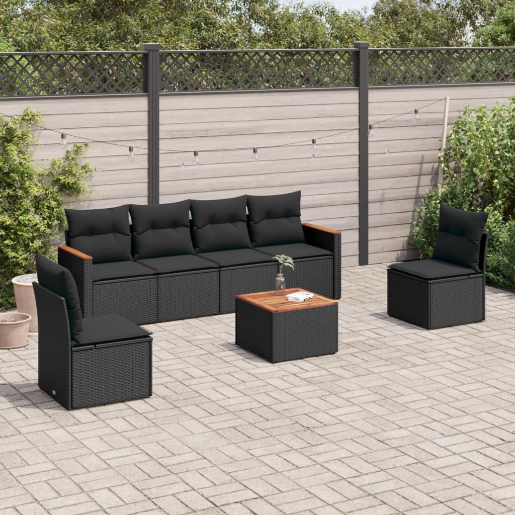 Sofasæt til haven - 7 dele i sort polyrattan med hynder og bord i akacietræ Sofasæt til haven - 7 dele i sort polyrattan med hynder og bord i akacietræ