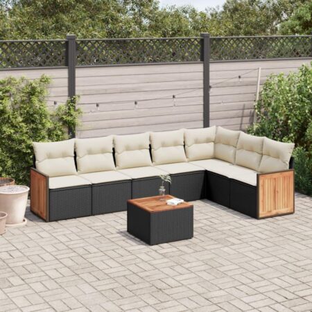 Sofasæt til haven - 8 dele i sort polyrattan med hynder og bord