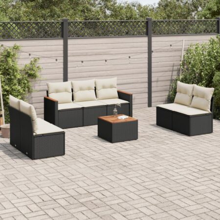 Sofasæt til haven - 8 dele i sort polyrattan med hynder og bord i akacietræ