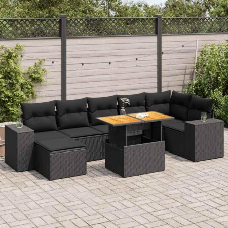 Sofasæt til haven - 8 dele i sort polyrattan med hynder og løftbart bord