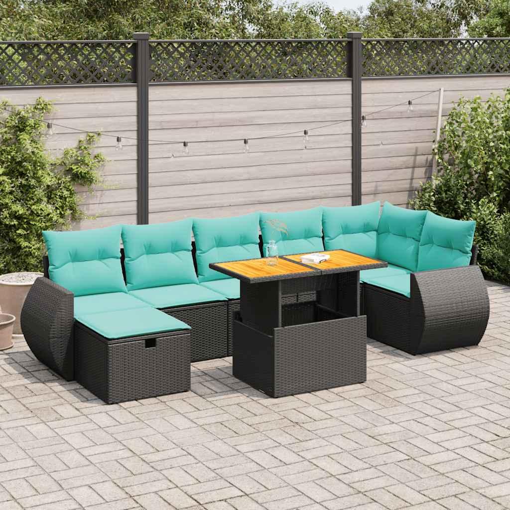 Sofasæt til haven - 8 dele med hynder, opbevaring og bord i akacietræ, polyrattan - sort/blå Sofasæt til haven - 8 dele med hynder, opbevaring og bord i akacietræ, polyrattan - sort/blå