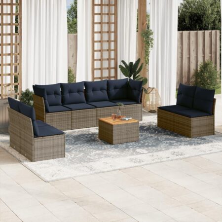 Sofasæt til haven - 9 dele i grå polyrattan med marineblå hynder og bord i akacietræ