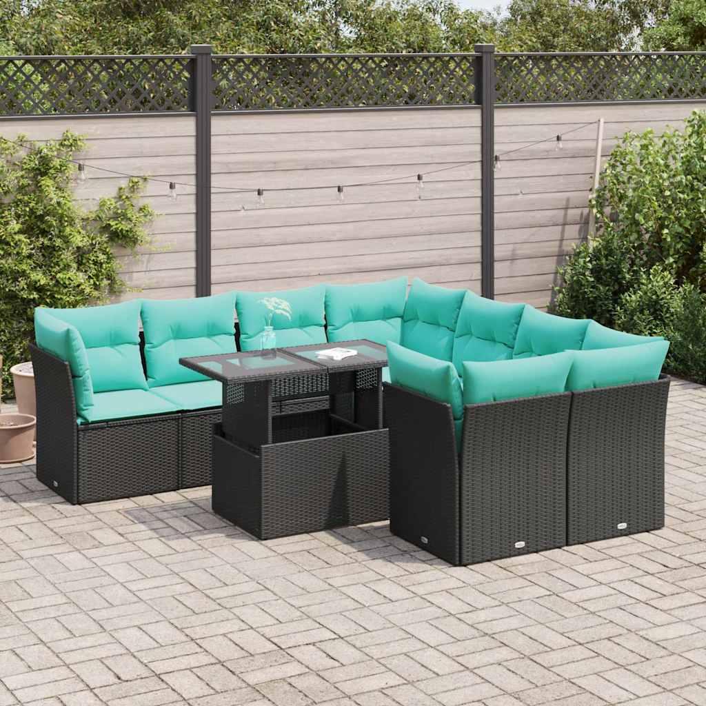 Sofasæt til haven - 9 dele i sort polyrattan med blå hynder og hævet bord Sofasæt til haven - 9 dele i sort polyrattan med blå hynder og hævet bord