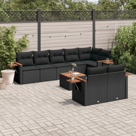 Sofasæt til haven - 9 dele i sort polyrattan med hynder og bord