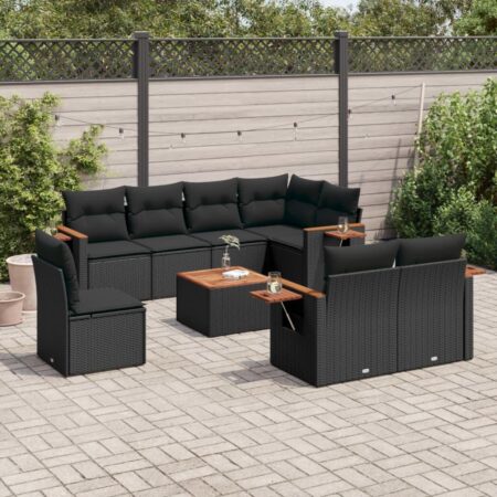 Sofasæt til haven - 9 dele i sort polyrattan med hynder og bord