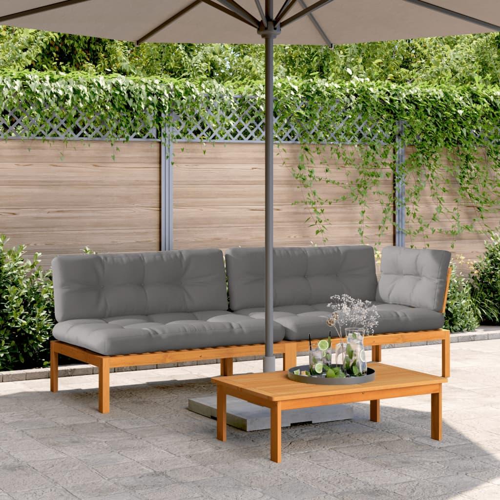 Sofasæt til haven i akacietræ - 3 dele med grå hynder, modulær pallesofa med bord Sofasæt til haven i akacietræ - 3 dele med grå hynder, modulær pallesofa med bord