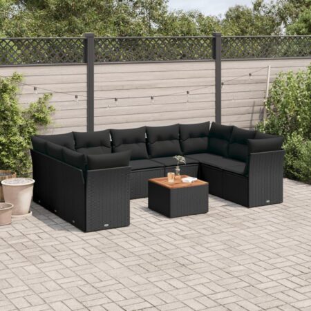 Sofasæt til haven i polyrattan - 10 dele med hynder og bord, sort