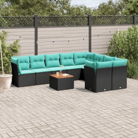 Sofasæt til haven i polyrattan - 10 dele med hynder og bord, sort/blå