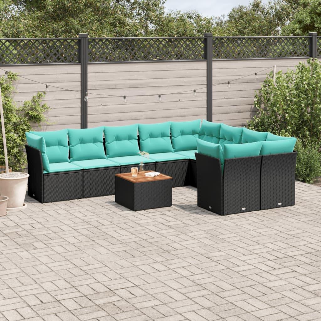 Sofasæt til haven i polyrattan - 10 dele med hynder og bord, sort/blå Sofasæt til haven i polyrattan - 10 dele med hynder og bord, sort/blå