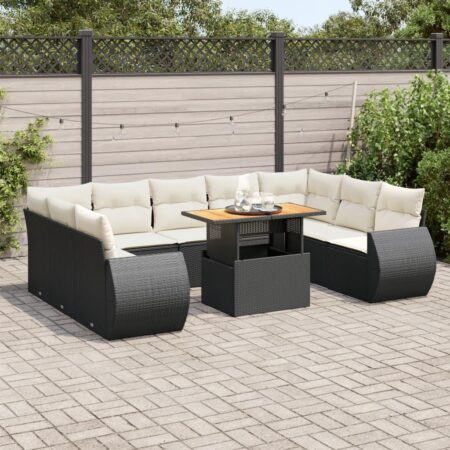 Sofasæt til haven i polyrattan - 10 dele med hynder og løftbart bord, sort/creme