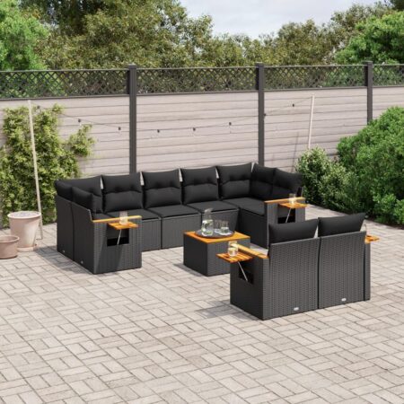 Sofasæt til haven i polyrattan, 10 dele, sort - modulsofa med hynder og bord
