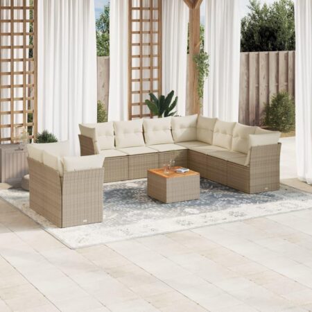 Sofasæt til haven i polyrattan - 11 dele med hynder og bord, beige