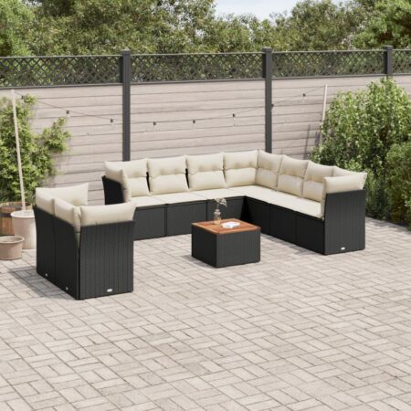 Sofasæt til haven i polyrattan - 11 dele med hynder og bord, sort