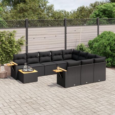 Sofasæt til haven i polyrattan, 11 dele, sort - modulsofa med hynder og bord
