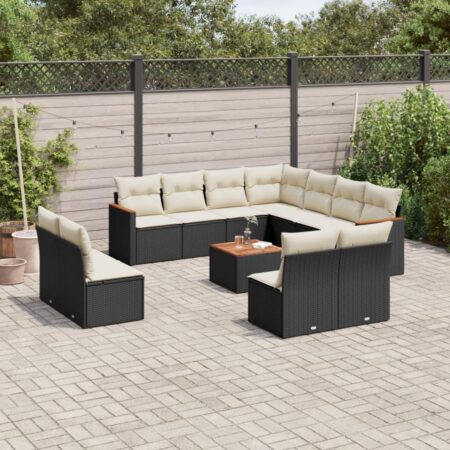 Sofasæt til haven i polyrattan - 12 dele, sort med hynder og bord