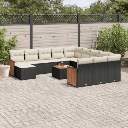 Sofasæt til haven i polyrattan, 13 dele, sort - med hynder og bord i akacietræ
